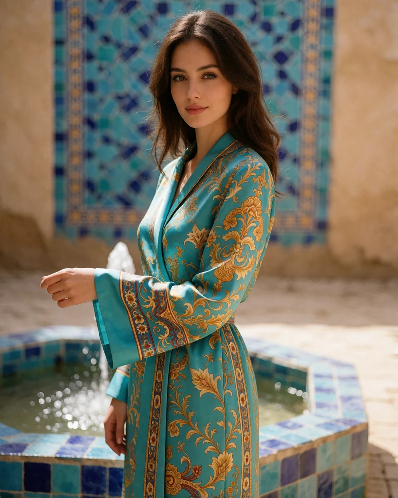Uzbek woman in a turquoise silk dress standing beside a tiled courtyard fountain in Samarkand