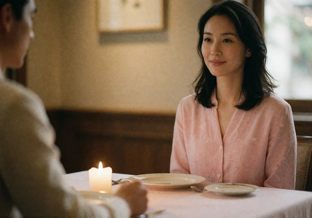Elegant East Asian woman glancing sideways with a subtle smile across a candlelit restaurant table