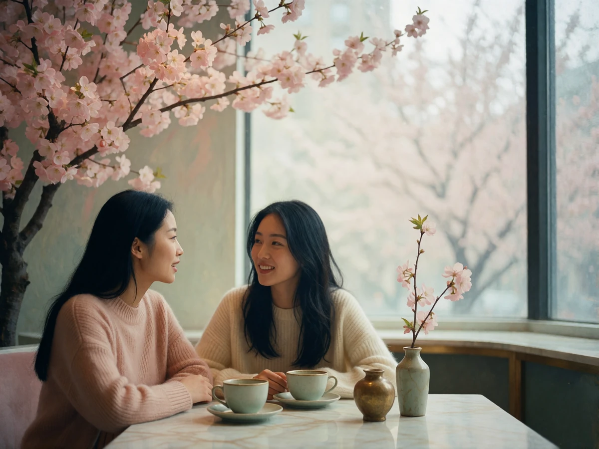 Two Asian women having a warm, unhurried conversation over coffee at a bright café table