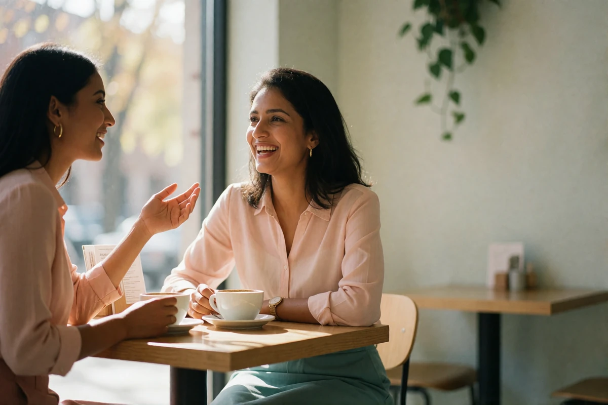 Two Indian women in refined contemporary clothing talking and laughing over coffee at a modern café table