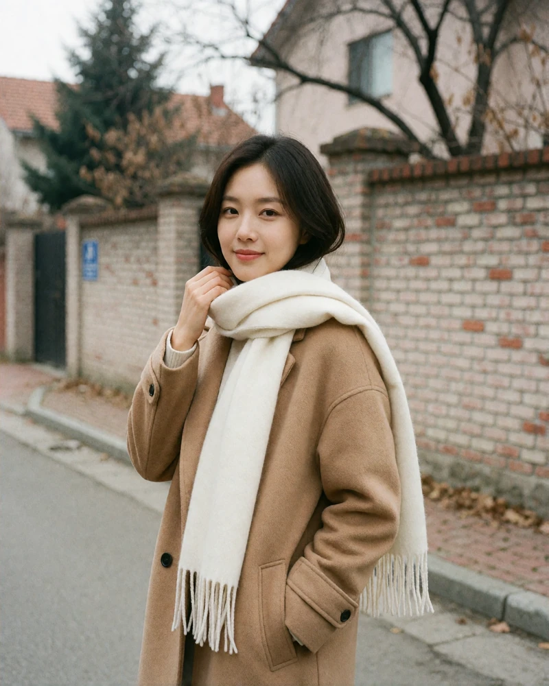 Korean woman in a camel coat and white scarf smiling on a quiet residential street in Seoul