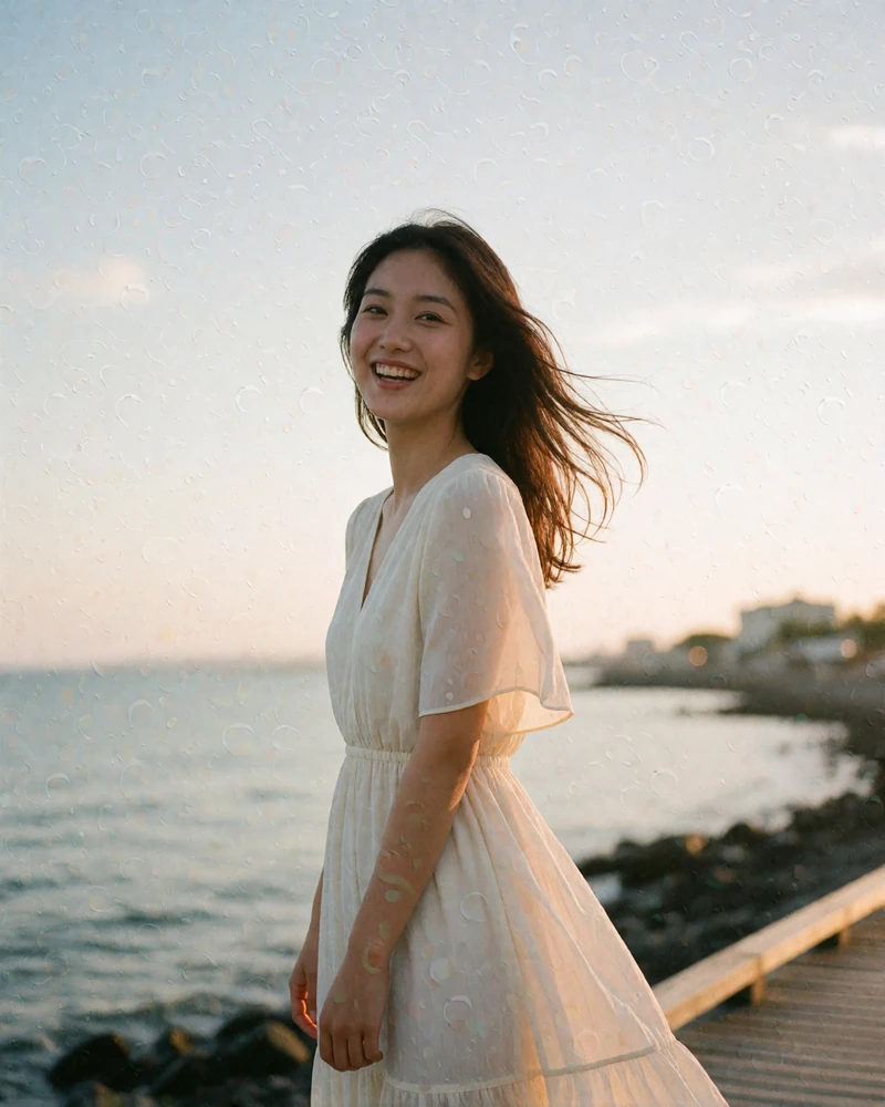 Japanese woman in a flowing white summer dress laughing on a wooden seaside boardwalk at dusk