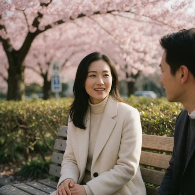Elegant East Asian woman in a cream coat smiling and speaking with her partner on a park bench