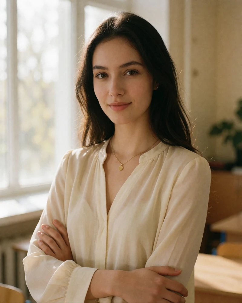 Uzbek woman in a cream blouse smiling near a bright classroom window in Tashkent