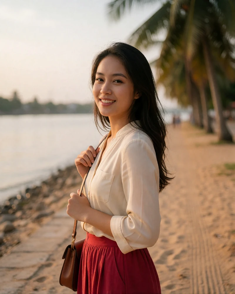 Cambodian woman in a cream blouse and soft crimson skirt smiling on a riverside promenade at late afternoon