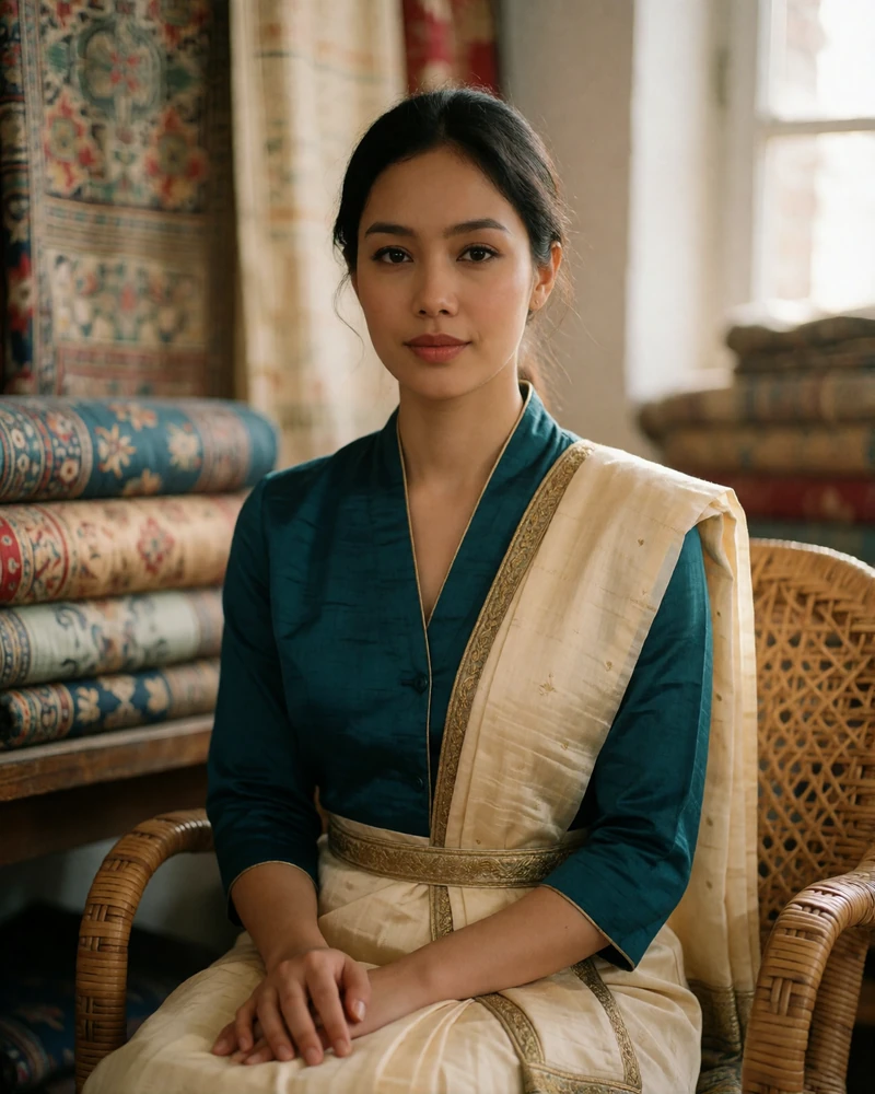 Burmese woman in a deep teal blouse seated on a rattan chair in a bright textile atelier