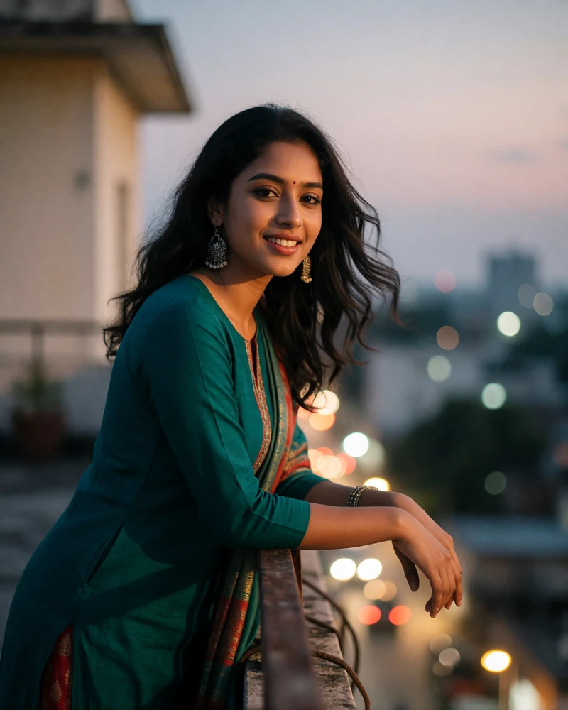 Bangladeshi woman in a deep teal kurta leaning on a rooftop railing at dusk