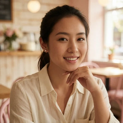 Portrait of an Asian woman resting her chin on her hand and smiling in a bright cafe