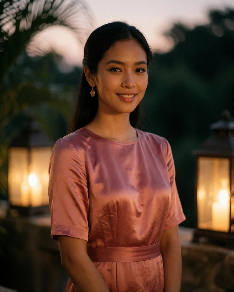 Burmese woman in a rose silk dress standing on a hotel terrace at dusk with warm lantern light behind her