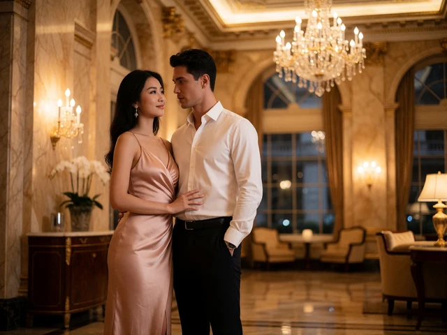 Asian woman in a blush evening dress standing beside her partner in a luxury hotel lobby