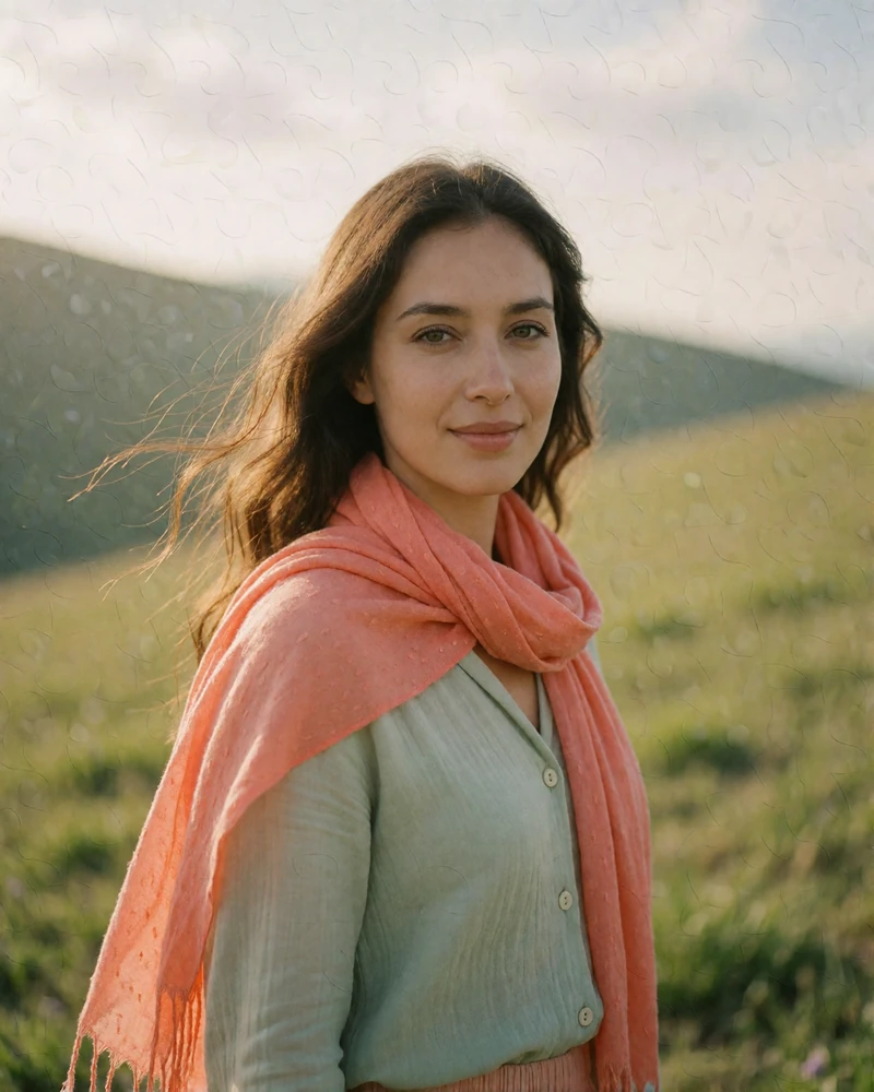 Kyrgyz woman in a coral scarf standing outdoors on a grassy hillside with mountains behind