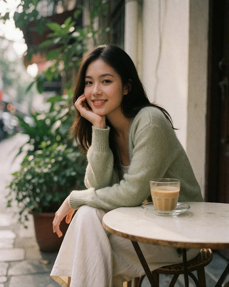 Vietnamese woman in a sage cardigan seated at a small street-side coffee table