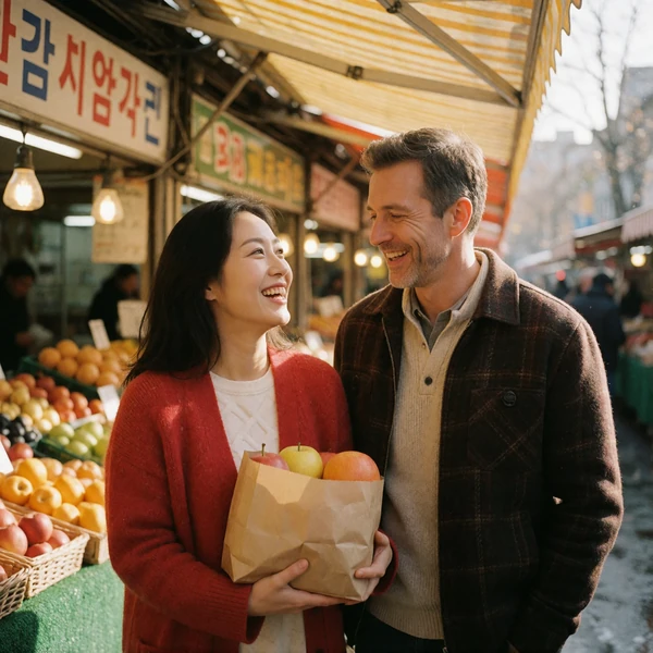 Korean woman and a Western man browsing a covered food market together, both laughing mid-conversation