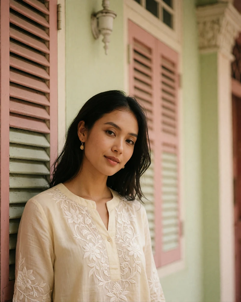 Singaporean woman of Peranakan heritage in an embroidered cream blouse standing before a pastel shophouse facade