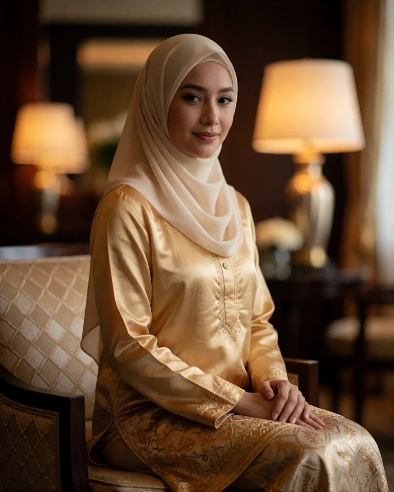 Bruneian woman in a gold-toned baju kurung and cream headscarf seated in an upscale hotel lounge armchair