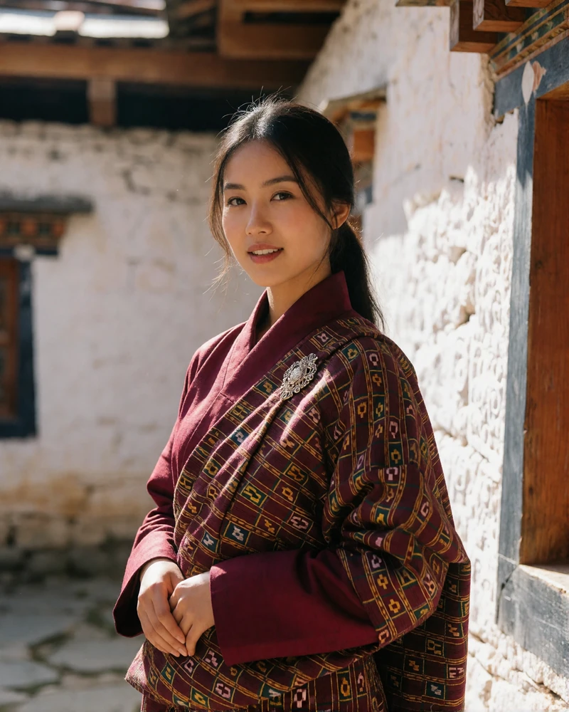 Bhutanese woman in a burgundy handwoven kira with a silver brooch smiling in a sunlit stone courtyard
