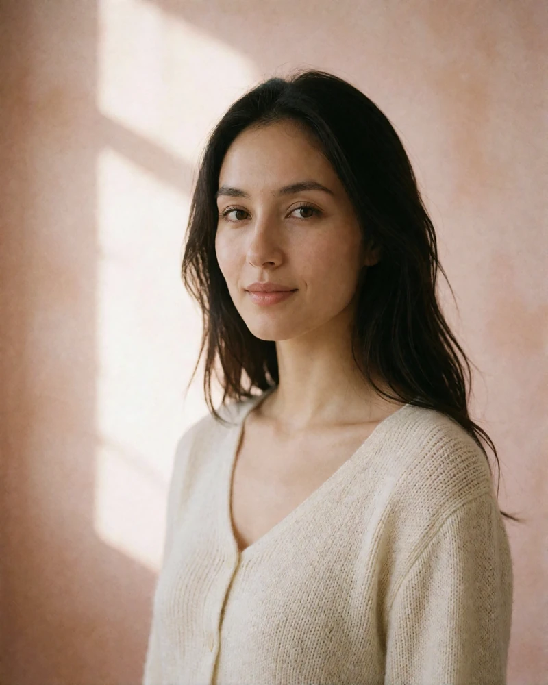Kazakh woman in a soft ivory knit top smiling warmly in natural daylight