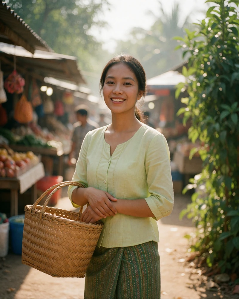 Laotian woman in a soft green blouse carrying a woven basket through a bright morning market lane