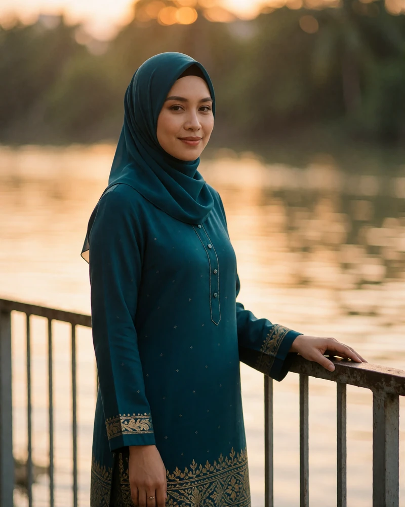 Bruneian woman in a deep teal embroidered baju kurung standing at a riverside railing at golden hour
