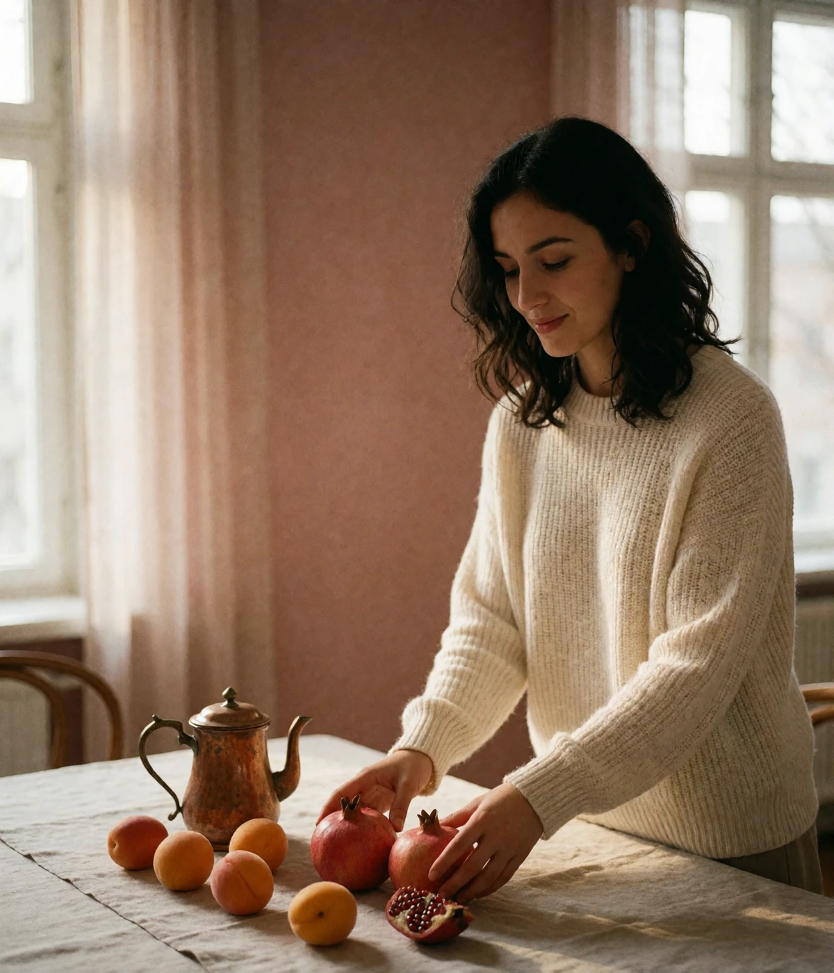 Armenian woman in a cream knit sweater arranging pomegranates and a copper coffee pot on a sunlit dining table
