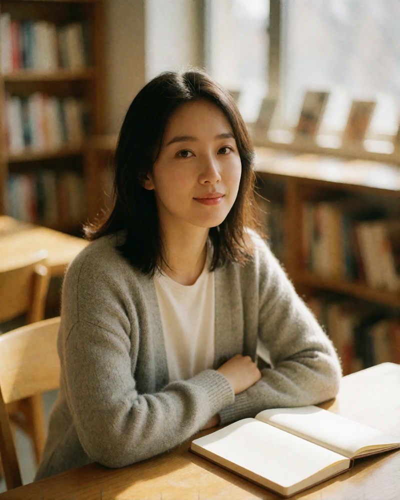 Korean woman in a grey cardigan smiling calmly in a bright university reading room