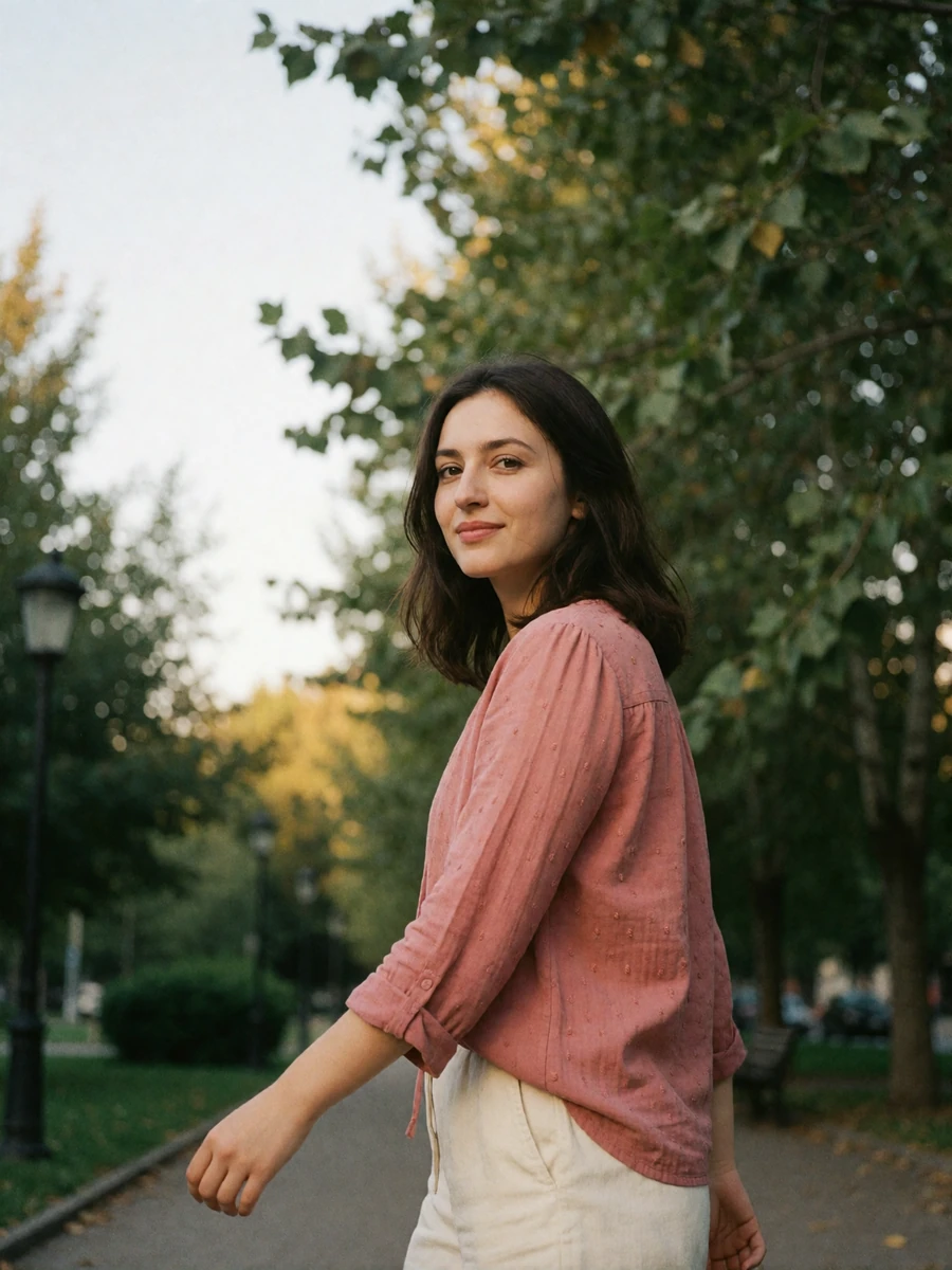 Armenian woman in a rose blouse walking along a tree-lined park path and glancing back with a smile