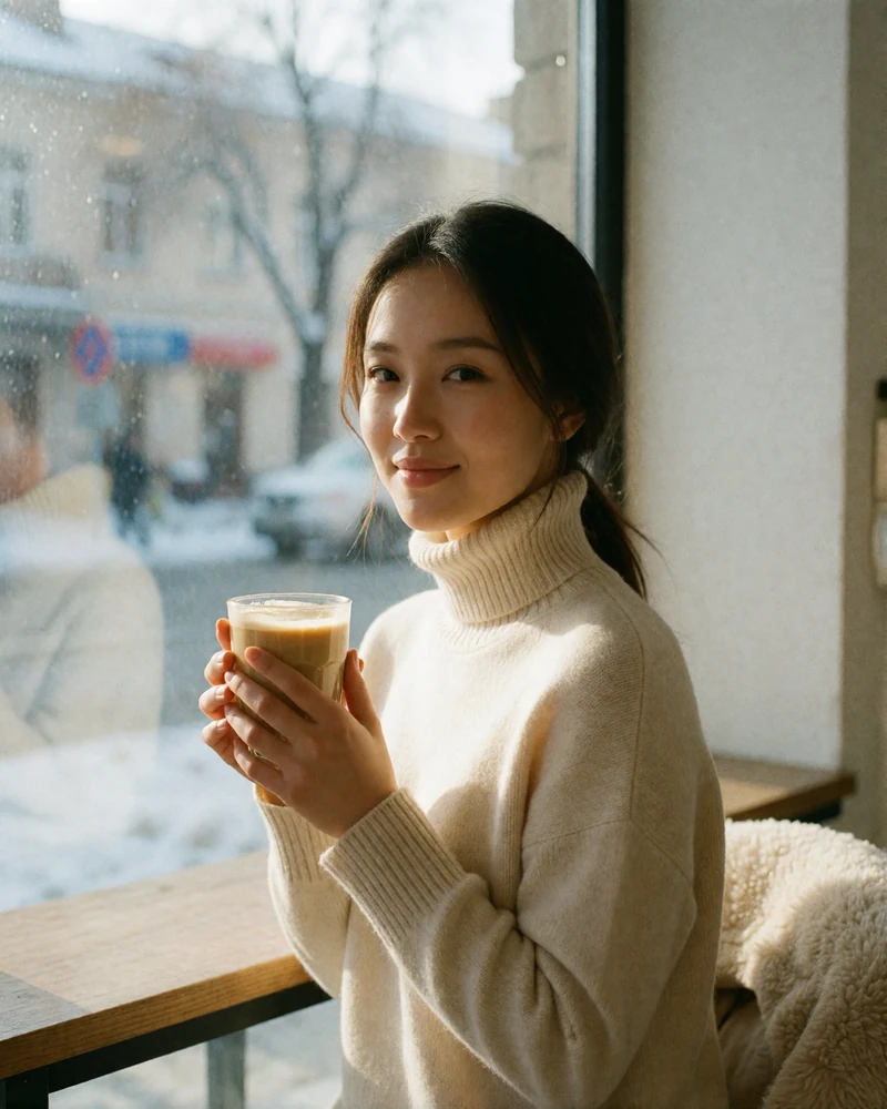Mongolian woman in a cream turtleneck seated by a café window holding a warm drink