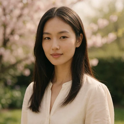 Portrait of a poised East Asian woman with long dark hair smiling gently at the camera
