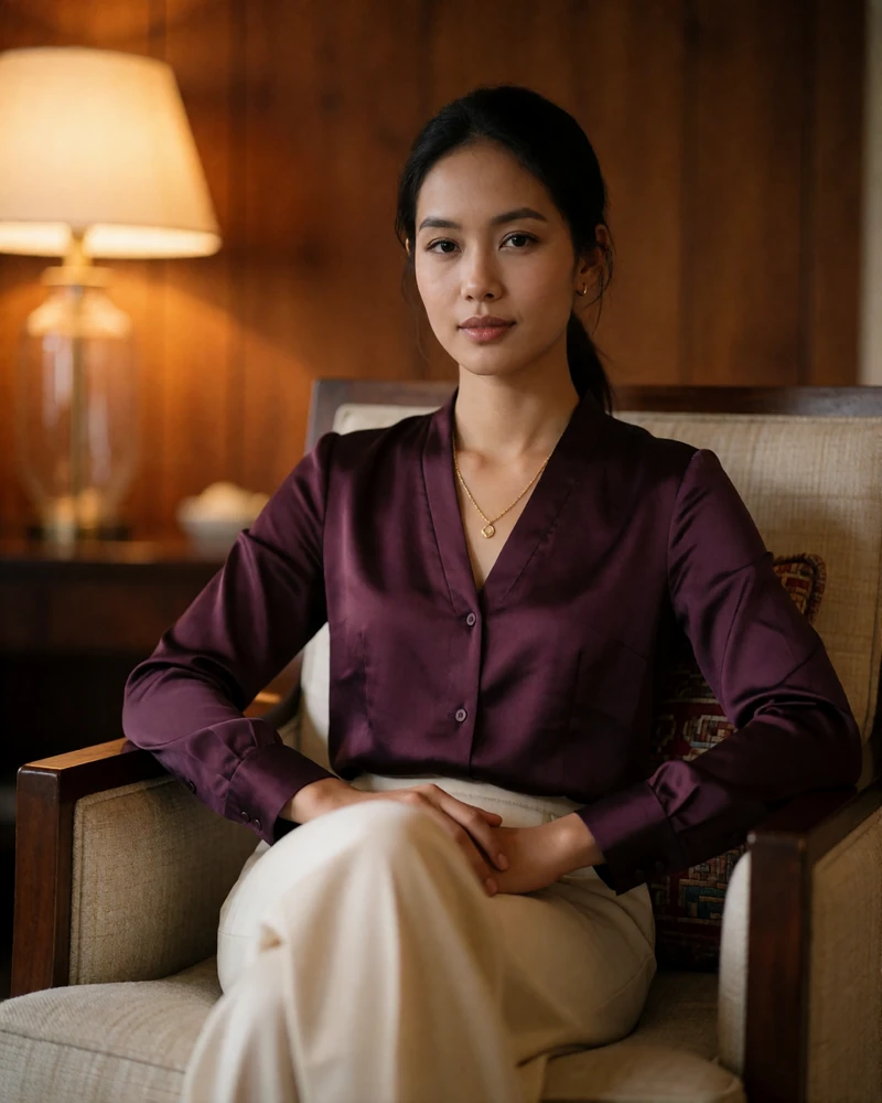 Laotian woman in a deep plum silk blouse seated in a quiet hotel lounge armchair