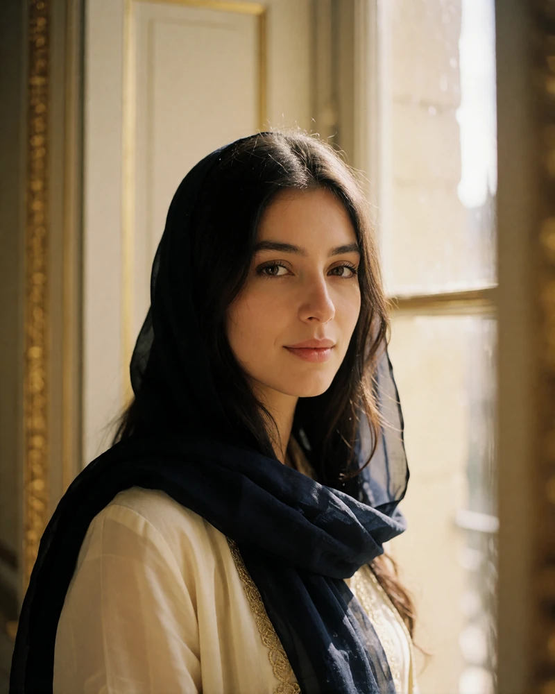 Afghan woman with long dark hair partly covered by a sheer navy scarf, standing near a tall window with soft rim light