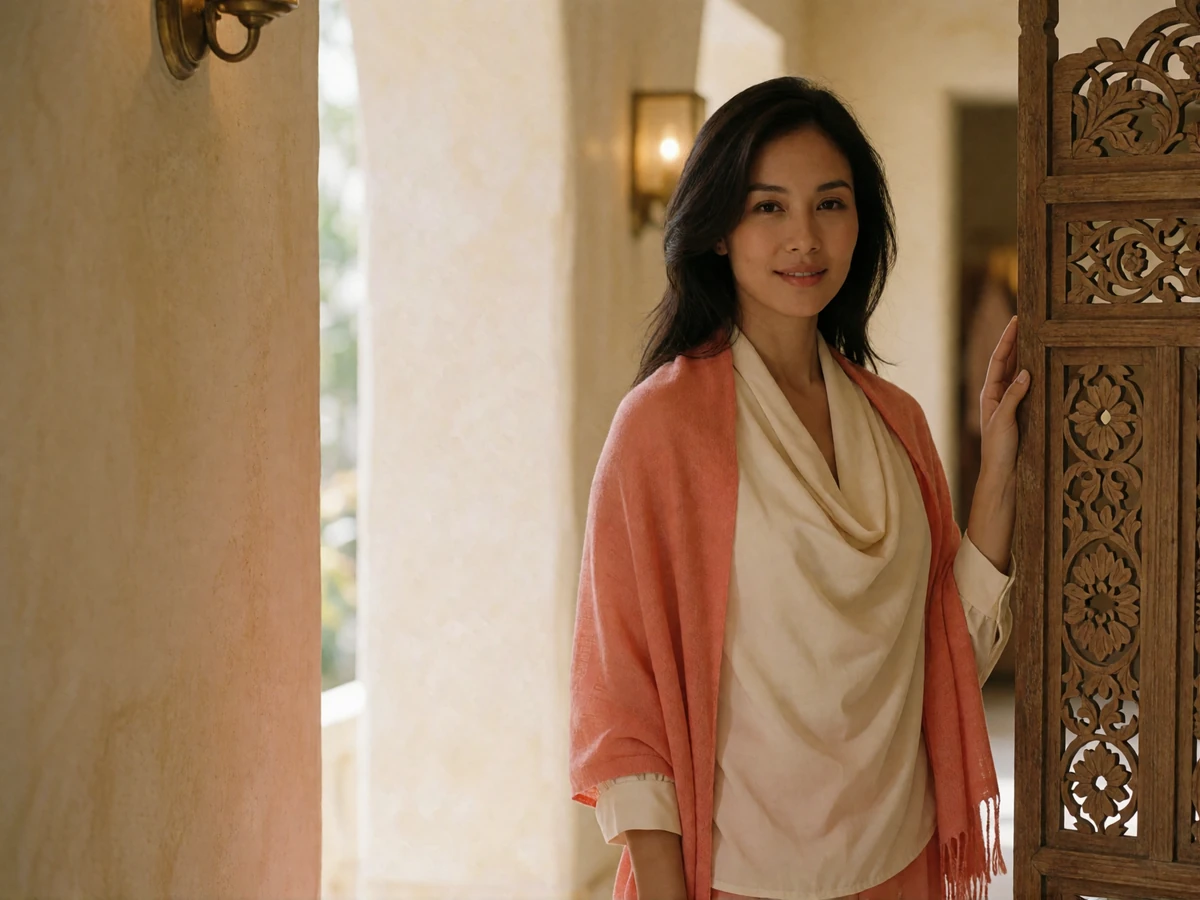 Malaysian woman in a cream blouse and coral shawl standing beside a carved wooden screen in a boutique hotel corridor