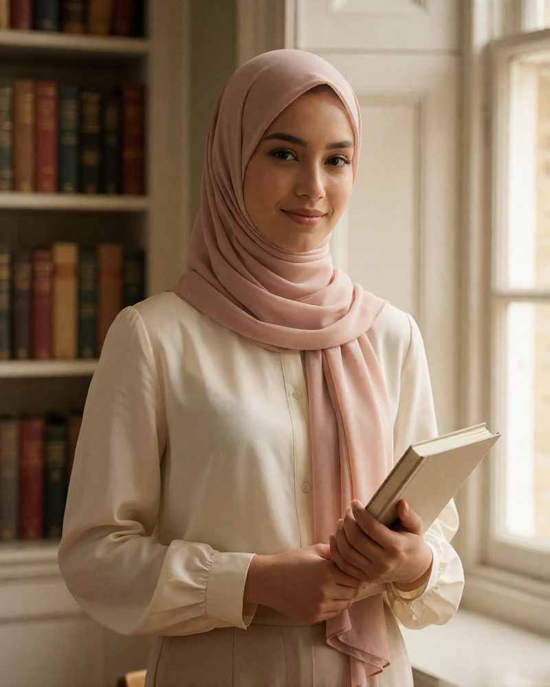 Bruneian woman in a blush headscarf and ivory blouse holding a notebook in a bright library reading room