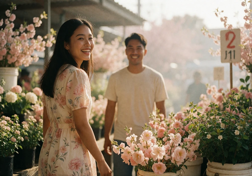 Southeast Asian woman in a floral dress laughing as she walks through an open-air flower market with her partner