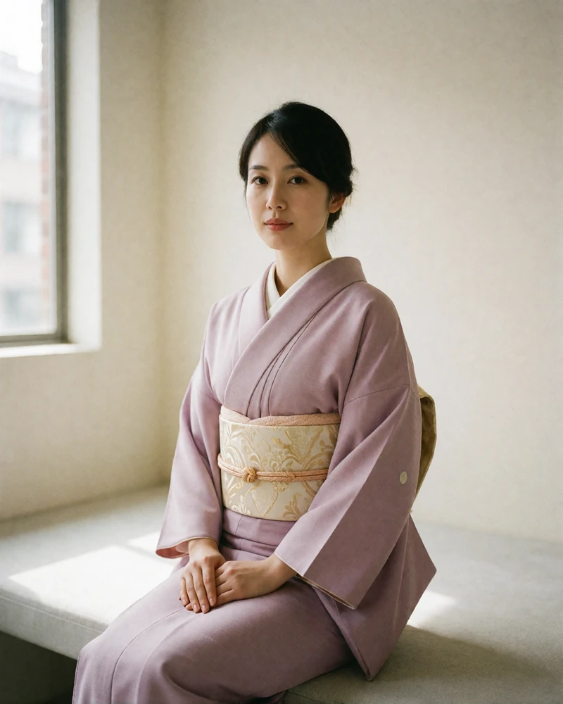 Japanese woman in a soft lilac kimono with a cream obi seated gracefully in a bright studio room