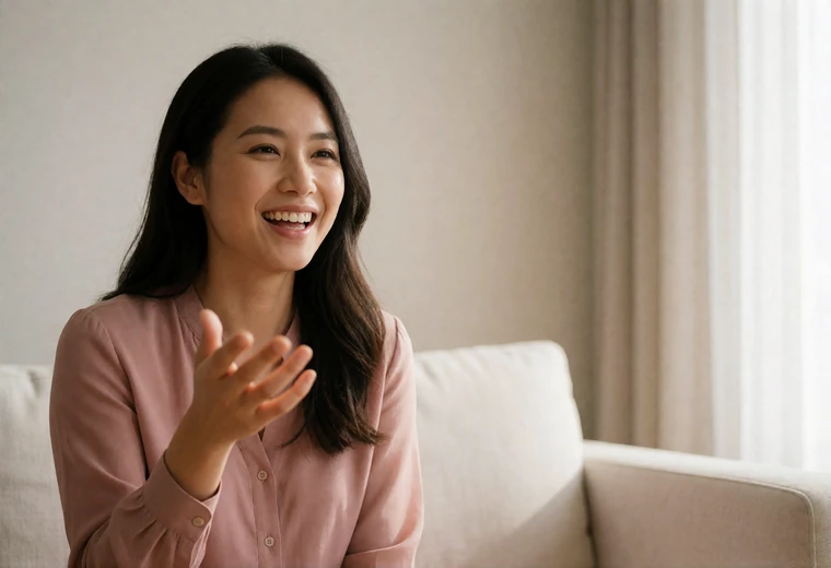 Asian woman in a rose blouse laughing warmly on a video call in a bright living room