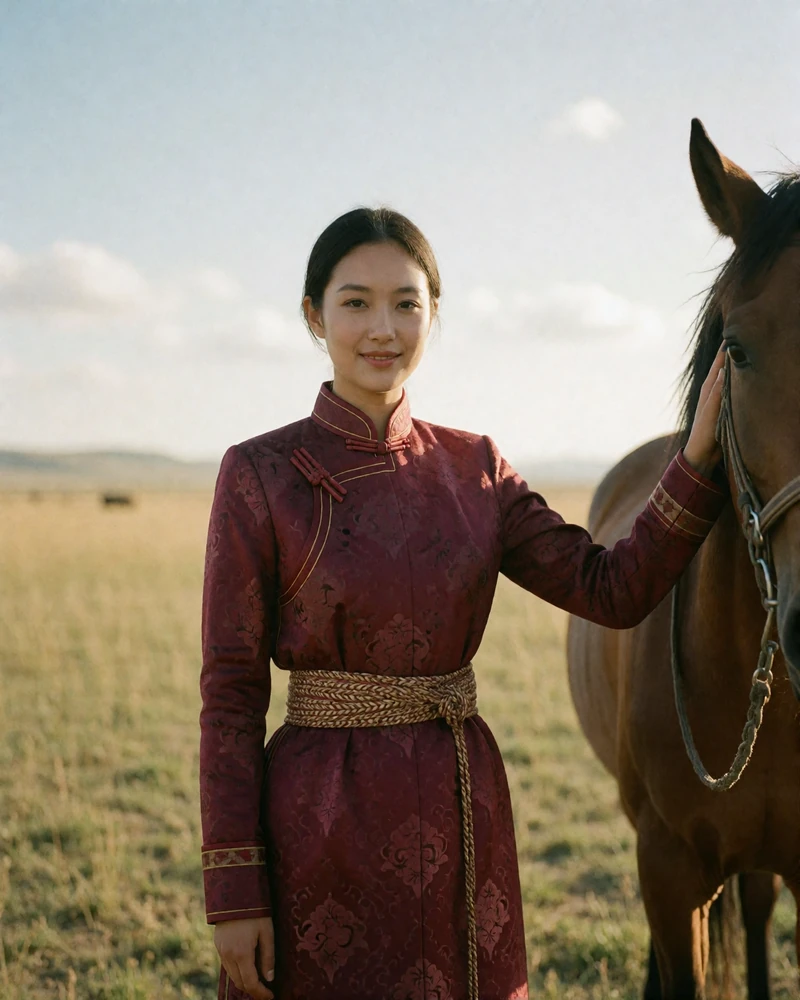 Mongolian woman in a burgundy embroidered deel standing beside a horse on open grassland