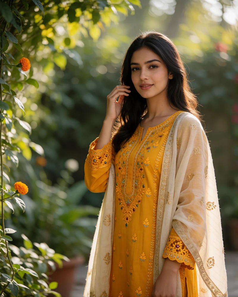 Pakistani woman in a marigold yellow embroidered kameez standing in a sunlit garden