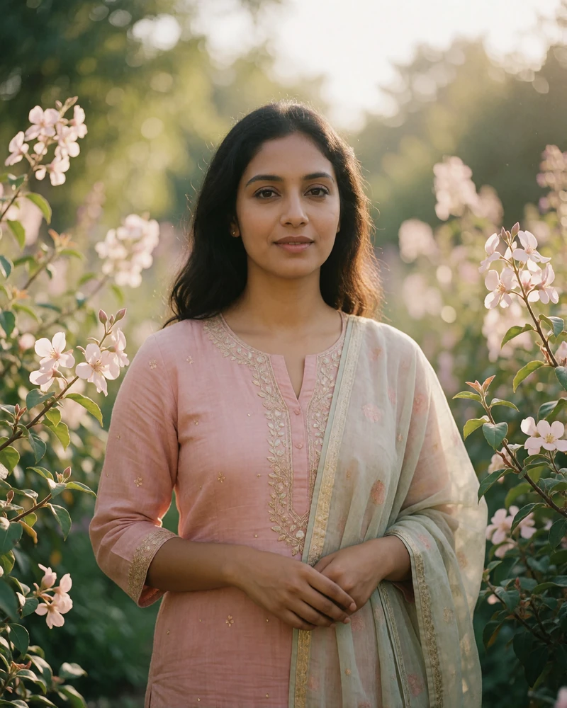Indian woman in a soft rose salwar standing among flowering shrubs in a sunlit garden