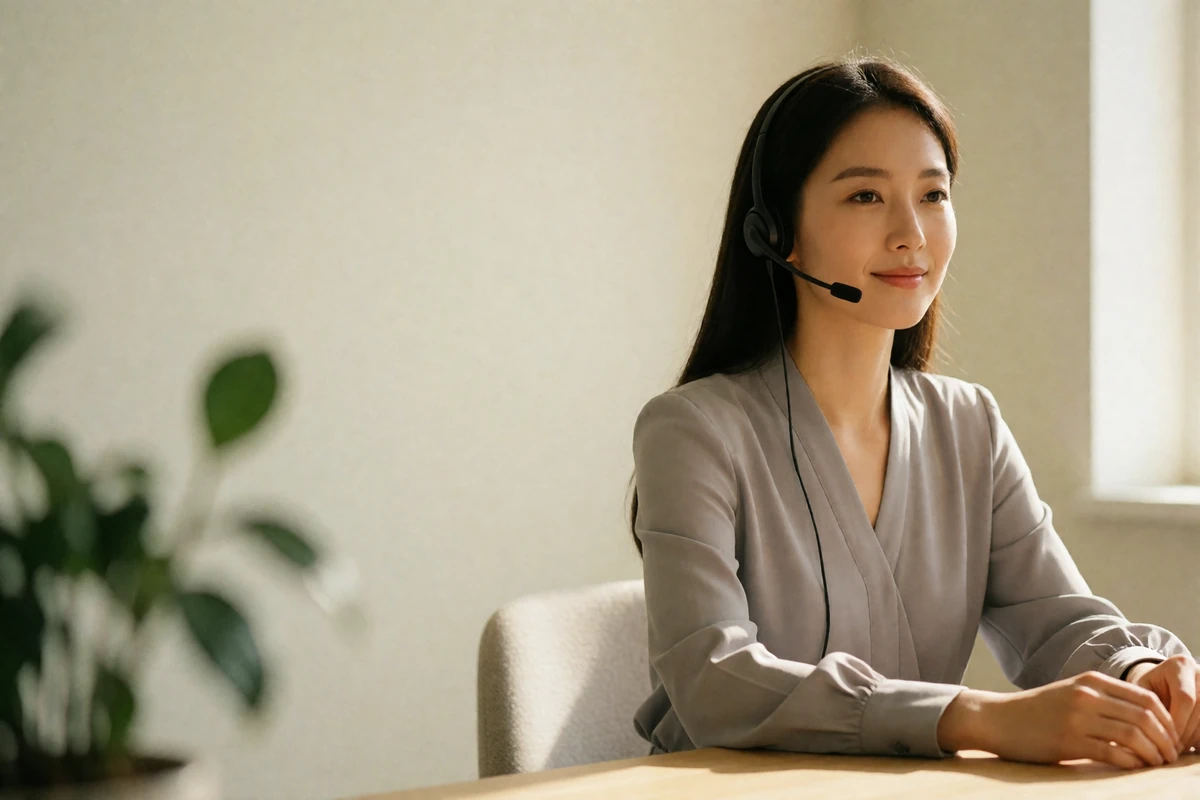 Korean support team member in a grey blouse and headset smiling calmly at a bright office desk