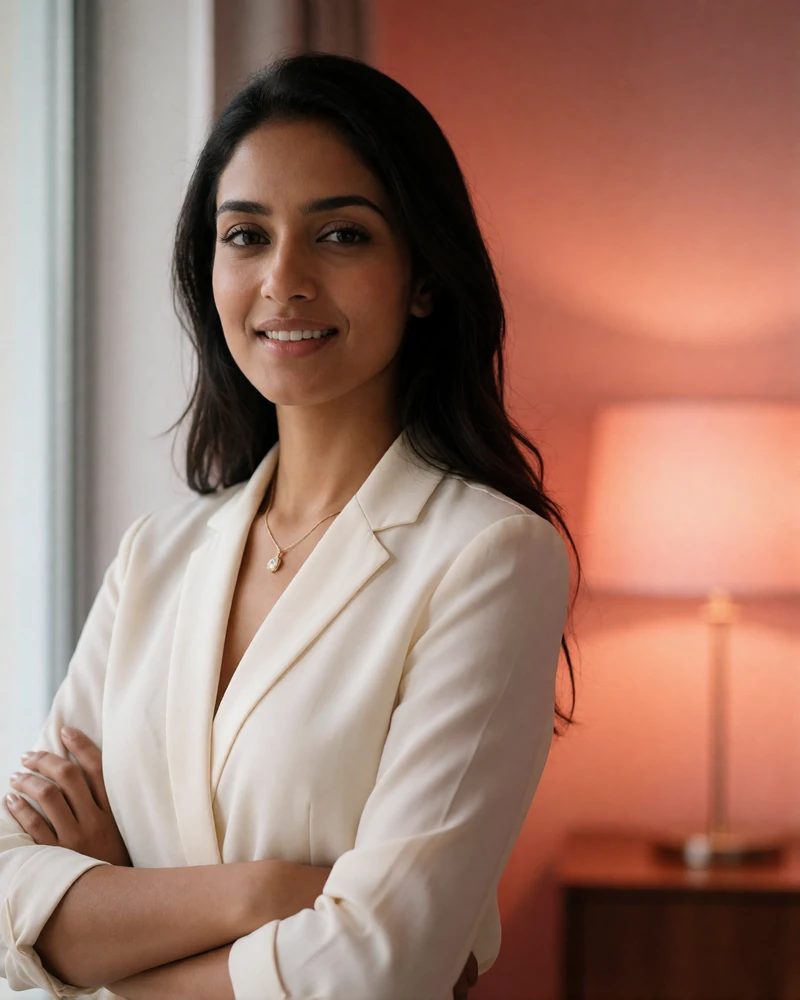 Indian woman in a tailored cream blouse with a confident warm smile in a modern interior