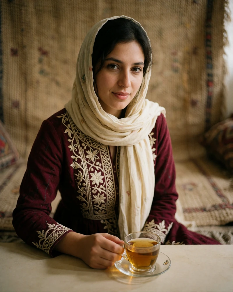 Afghan woman in a burgundy embroidered dress with a loosely worn cream headscarf, seated at a low table with a plain teacup