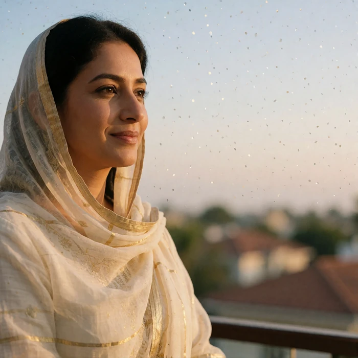 Pakistani woman in a cream dupatta with gold thread standing on a hotel terrace at golden hour
