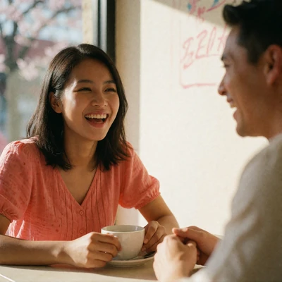 Asian woman laughing openly with her partner over a shared joke at an outdoor cafe table