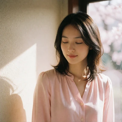 Asian woman near a sunlit window with a soft closed-lip smile and a slight head tilt