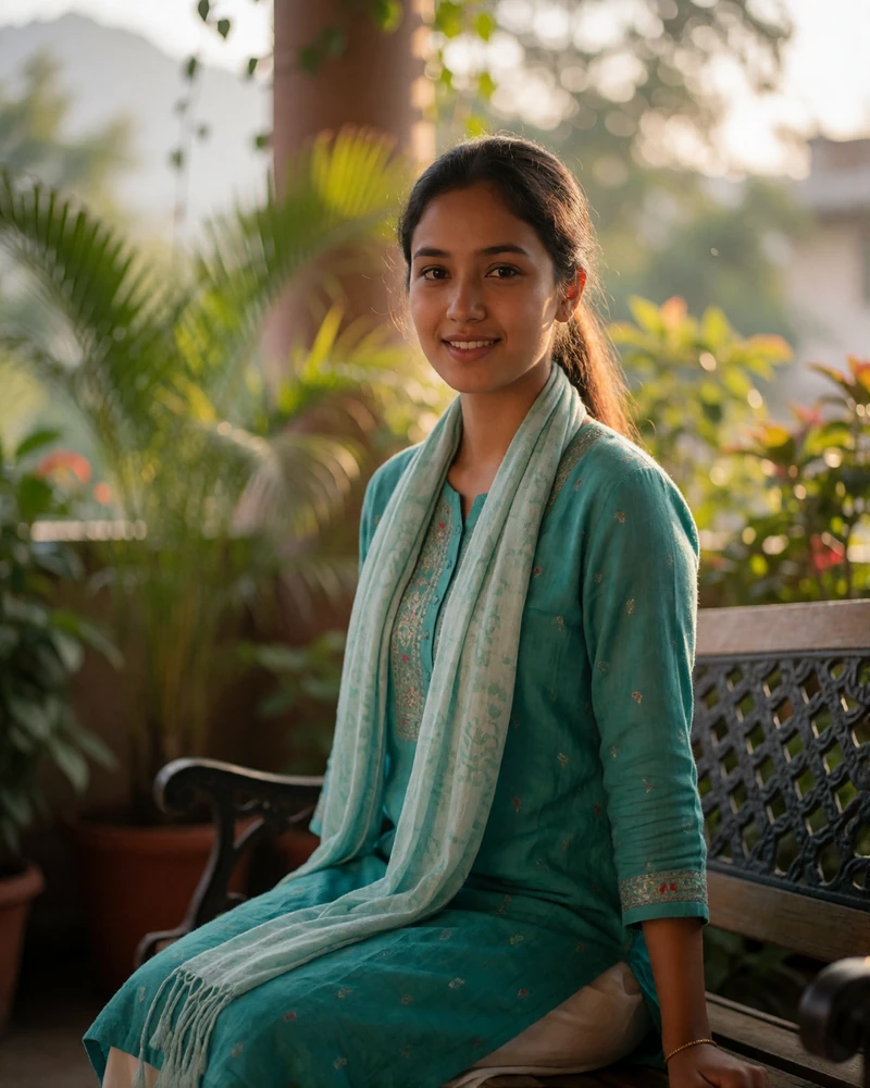 Nepali woman in a teal kurta smiling on a garden terrace bench surrounded by potted greenery