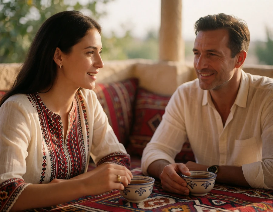Uzbek woman and a Western man sharing tea and easy conversation on a shaded terrace