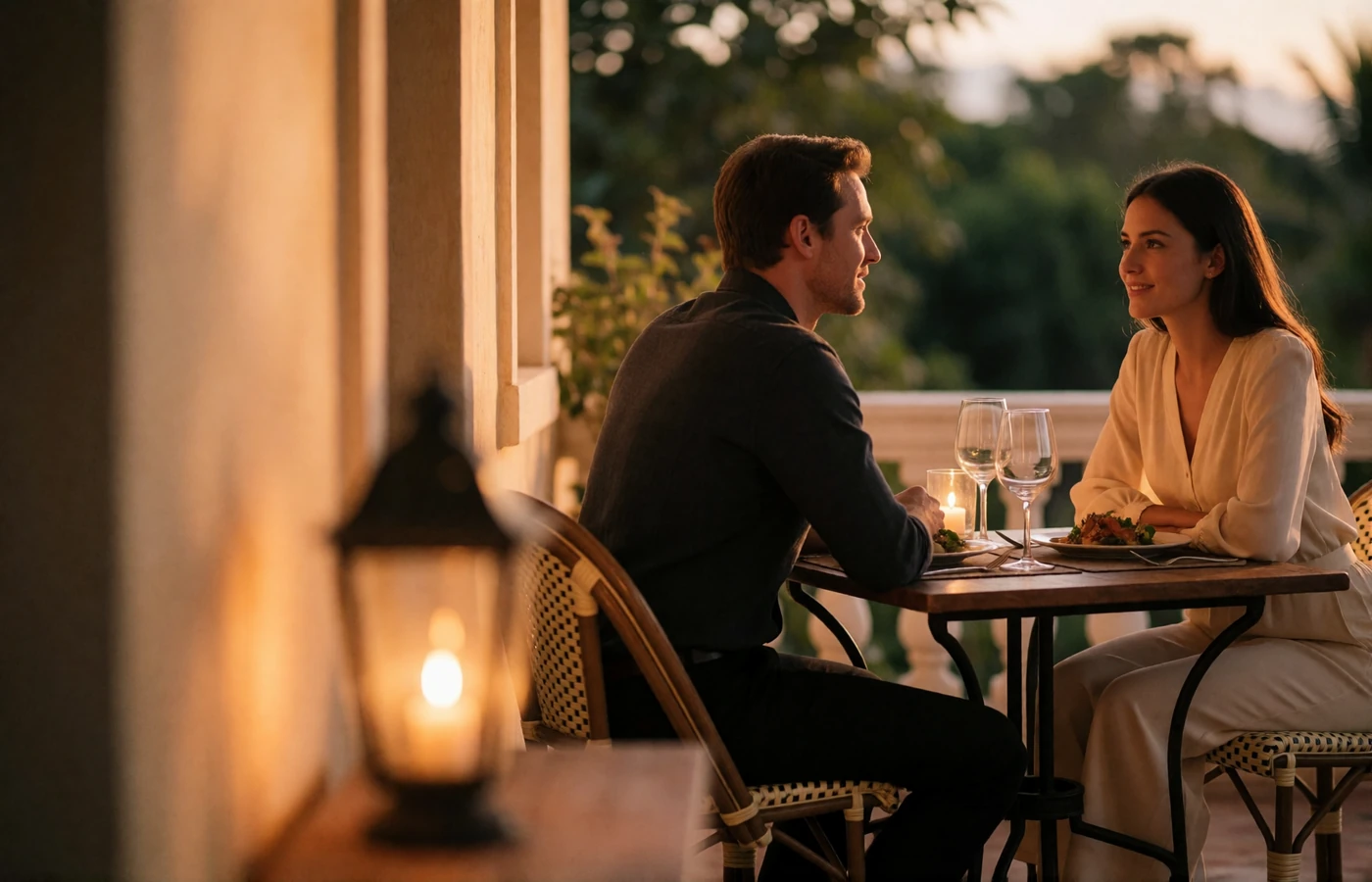Cambodian woman in a cream blouse and a Western man in a dark shirt in relaxed conversation across a small dinner table on a warm terrace at dusk