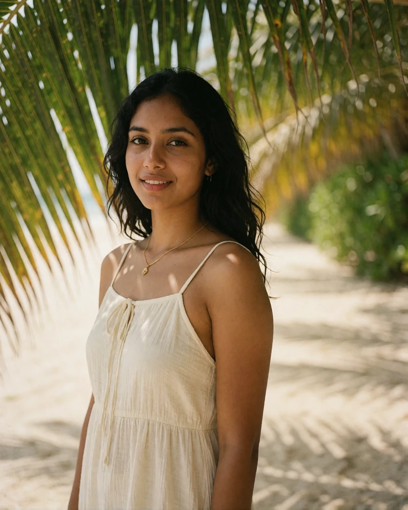 Maldivian woman in a white cotton sundress standing under palm shade on a sandy path