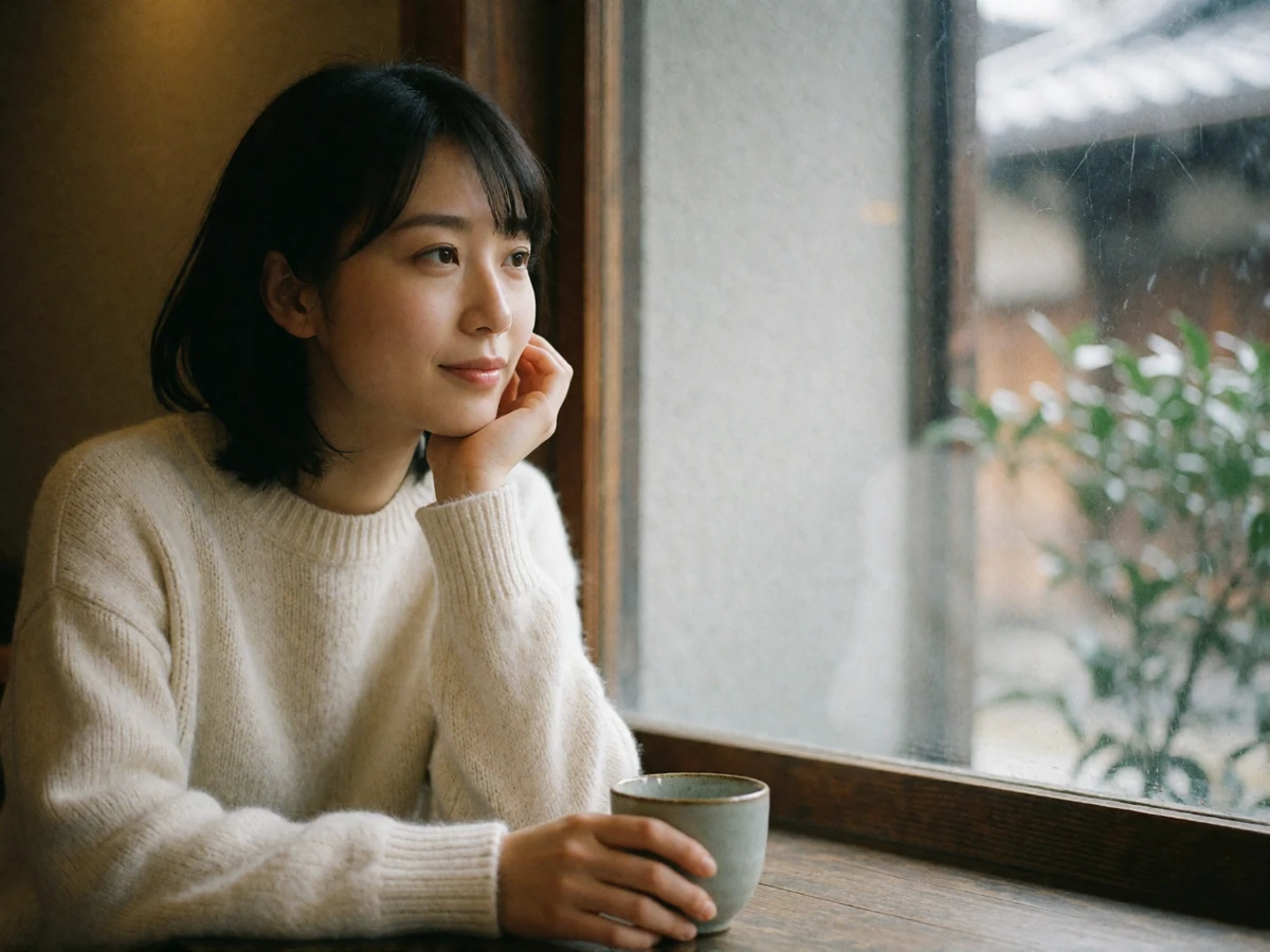 Japanese woman in a cream knit sweater resting her chin on her hand at a quiet Kyoto coffee house window
