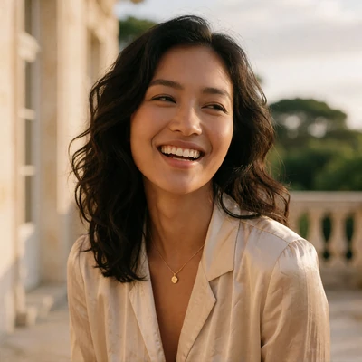 Portrait of a smiling Southeast Asian woman with wavy dark hair on a sunlit terrace